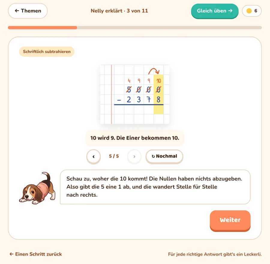 A Nelly lesson on written subtraction: borrowing across the zeros of 5000 − 2378 on squared paper, with Nelly explaining each step