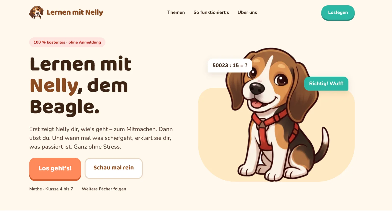 Lernen mit Nelly homepage: Nelly the beagle puppy beside a long-division problem and a “Richtig! Wuff!” speech bubble
