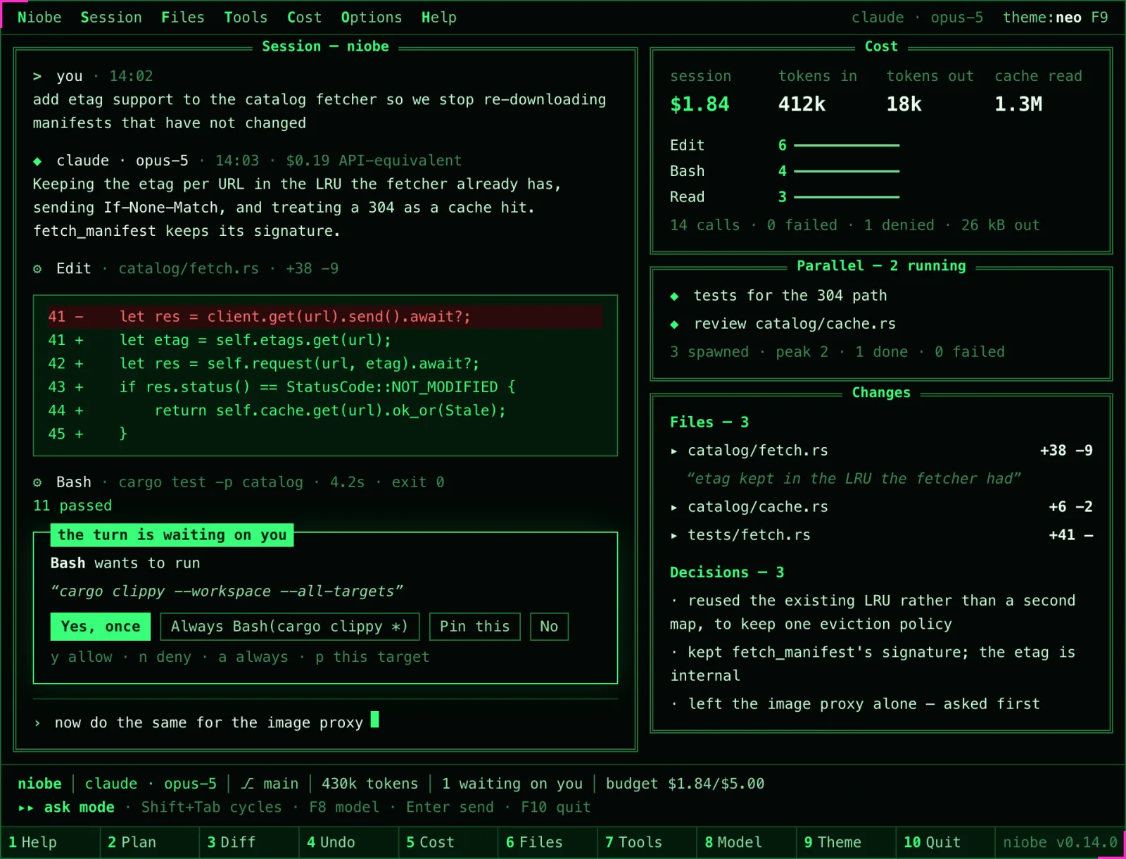 The Niobe shell: a session pane with the transcript, a diff and a permission prompt on the left; cost, parallel tasks, changed files and the agent’s decisions on the right