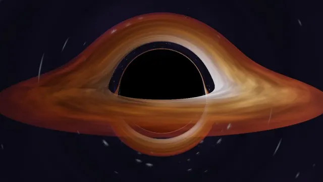 A gravitationally lensed black hole with its accretion disk, rendered on the GPU by a Miri program