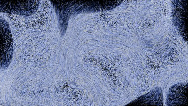 A curl-noise flow field of 147,456 particles, rendered on the GPU by a Miri program
